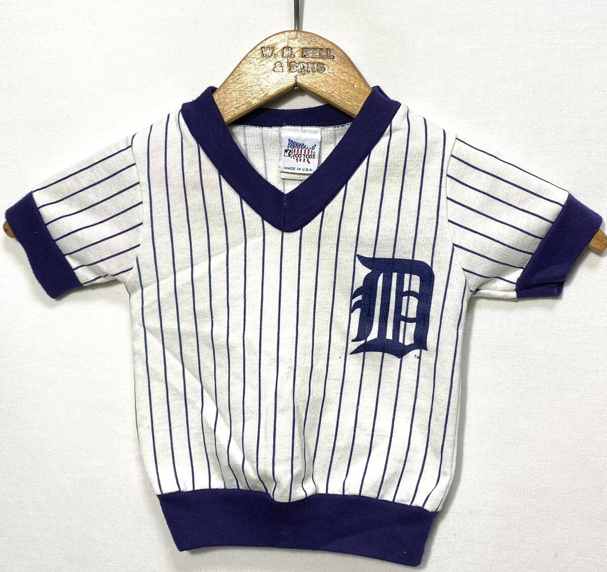 ■ 子供用 80s 90s ビンテージ USA製 JOG TOGS ストライプ柄 ワンポイントロゴ Vネック 半袖 スウェット 2T ネイビー ホワイト カレッジ ■拍卖