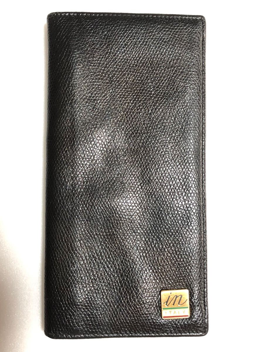 イタリア製 長財布 二つ折り ブラック Genuine Leather ジェニュイン・レザー 美品 送料無料!!拍卖