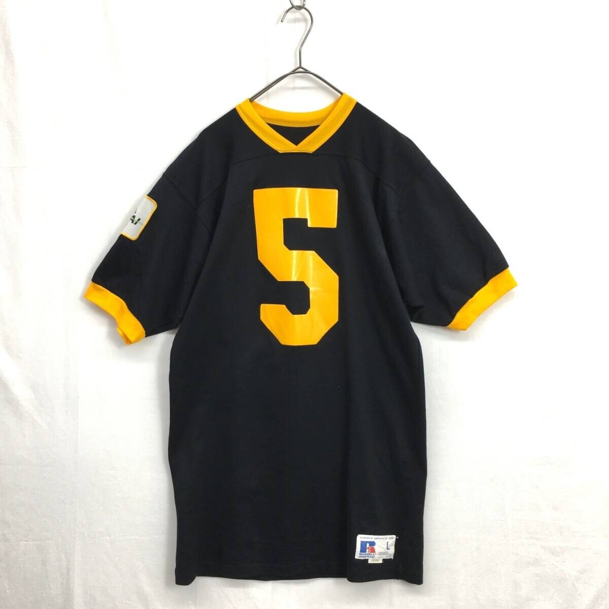 KZ8192★RUSSELL ATHLETIC : 90's USA製 ナンバリング フットボールシャツ★L★黒/黄色系 ラッセル Tシャツ拍卖