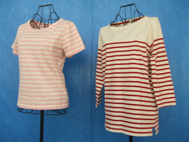 【お買得】★ボーダー柄TシャツLサイズ2点セット★①union question/ピンク×白/半袖 ②GU/赤×白/八分袖拍卖
