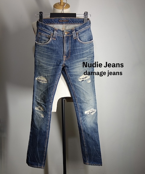 TK 美品 ヌーディージーンズ Nudie Jeans ダメージ加工 クラッシュジーンズ 美脚 デニムパンツ 25拍卖