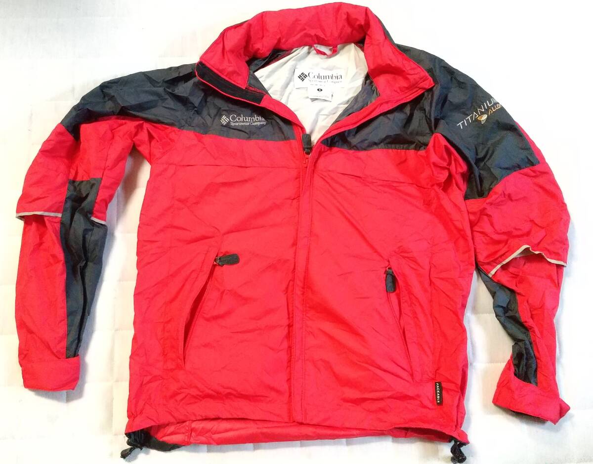 6 コロンビア ウインドブレーカー 赤/黒 S Columbia フード収納 TITANIUM ALLOY ナイロンジャケット S1 WM2040 PACKABLE 送料無料拍卖