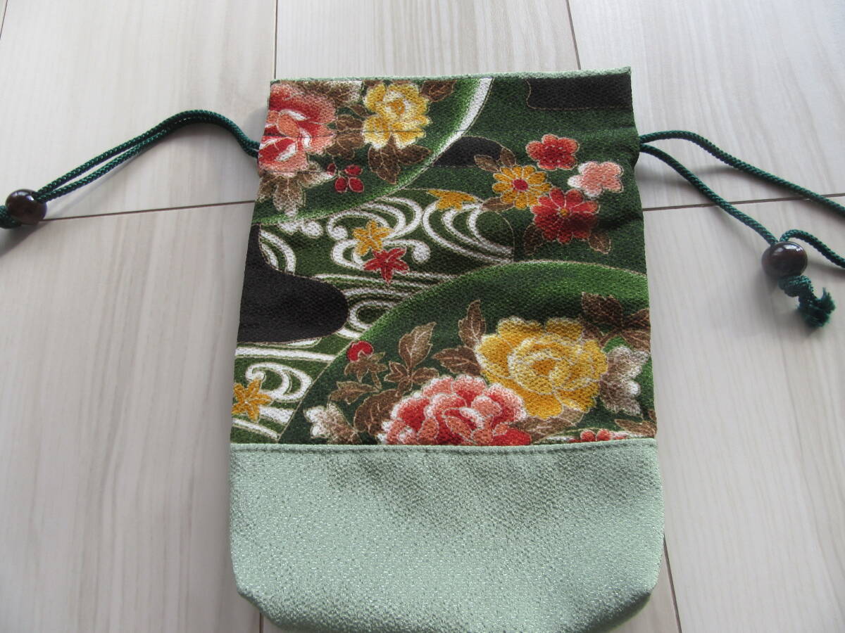 未使用 巾着 和柄ポーチ 緑 送料185円拍卖