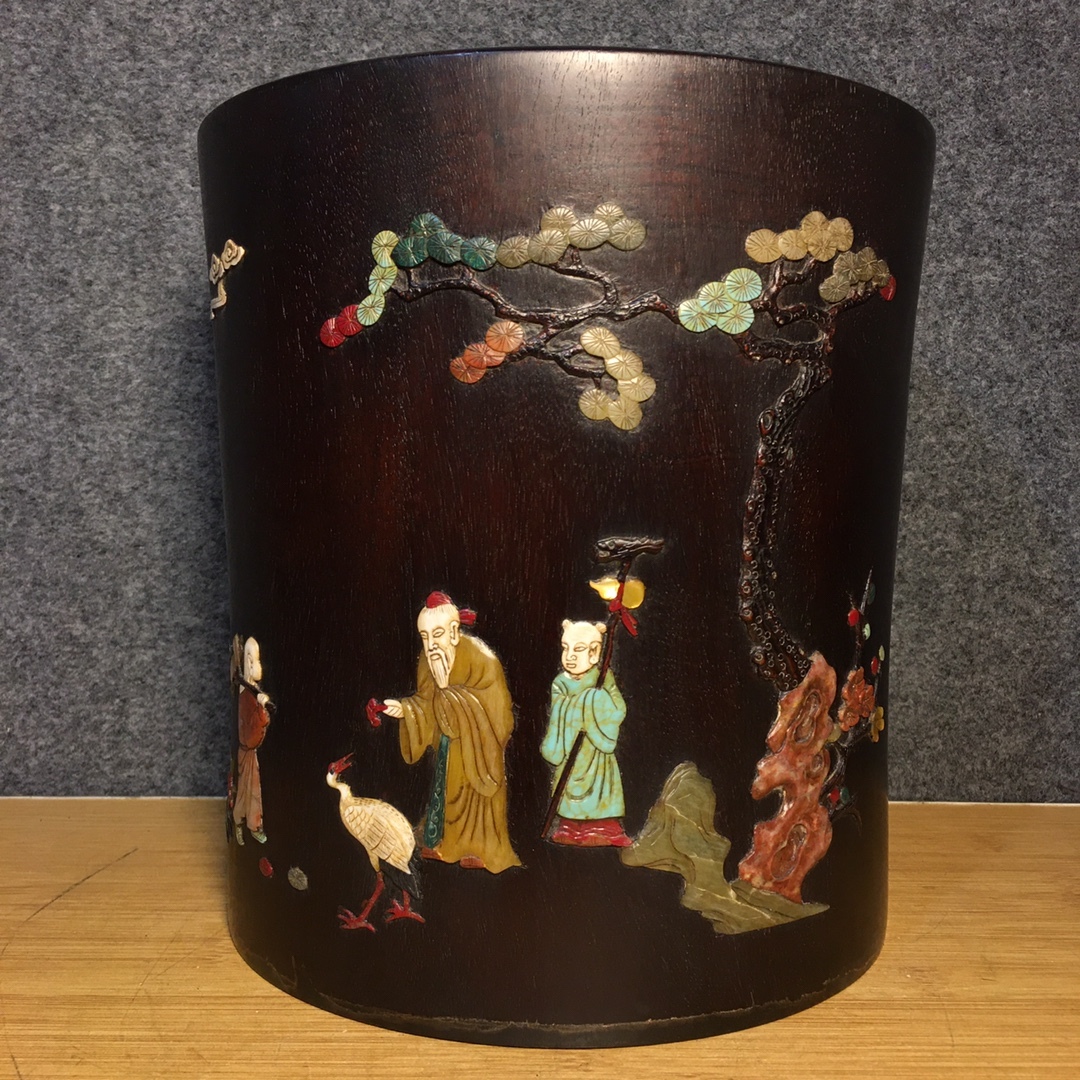 旧蔵 清 乾隆年製 紫檀 百宝 モザイク筆立て 筆道具 極細工 希少珍品 古美術 古美味 L1114拍卖