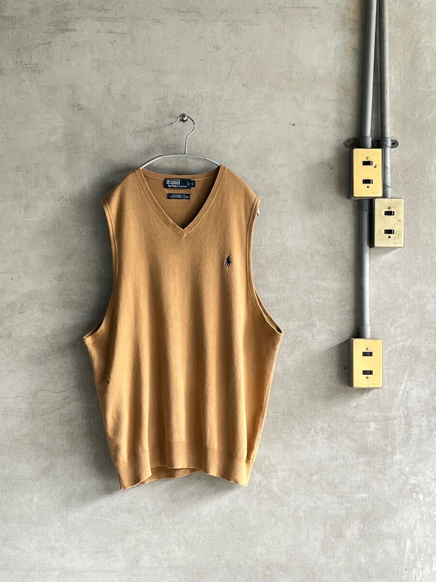90s 90年代 ビンテージ POLO by RalphLauren ポロ ラルフローレン ピーマコットン ニット ベスト ベージュ ナチュラル OLD オールド 希少拍卖