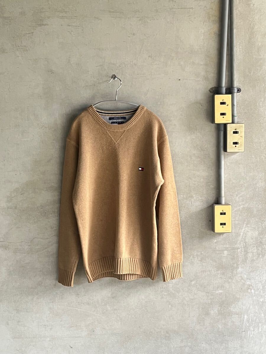 90s 90年代 ビンテージ TOMMY HILFIGER トミーヒルフィガー 両V コットン ニット セーター ベージュ 旧タグ OLD アメリカ 古着 メンズ レア拍卖