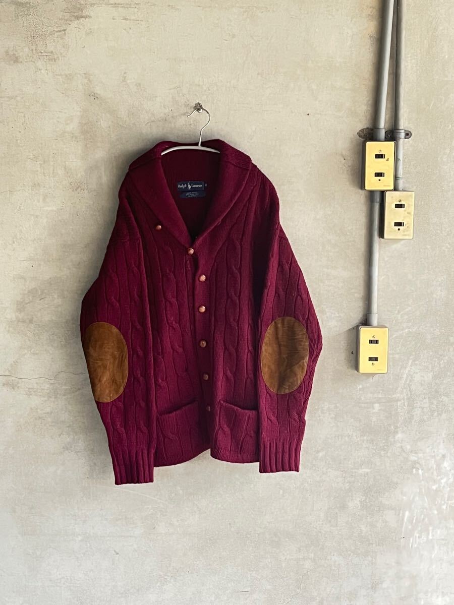 90s 90年代 ビンテージ RalphLauren ラルフローレン エルボーパッチ ショールカラー ウール アラン ケーブル ニット カーディガン ワイン拍卖