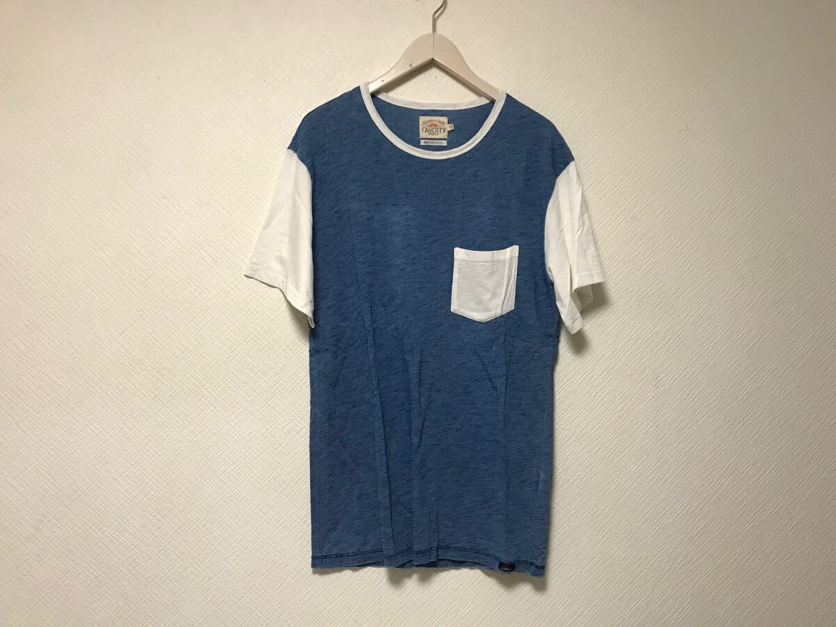 本物ファリティブランドFAHERTY BRANDジャーナルスタンダードコットンスラブ半袖Tシャツメンズサーフ白ホワイト青ブルーSアメリカ製拍卖