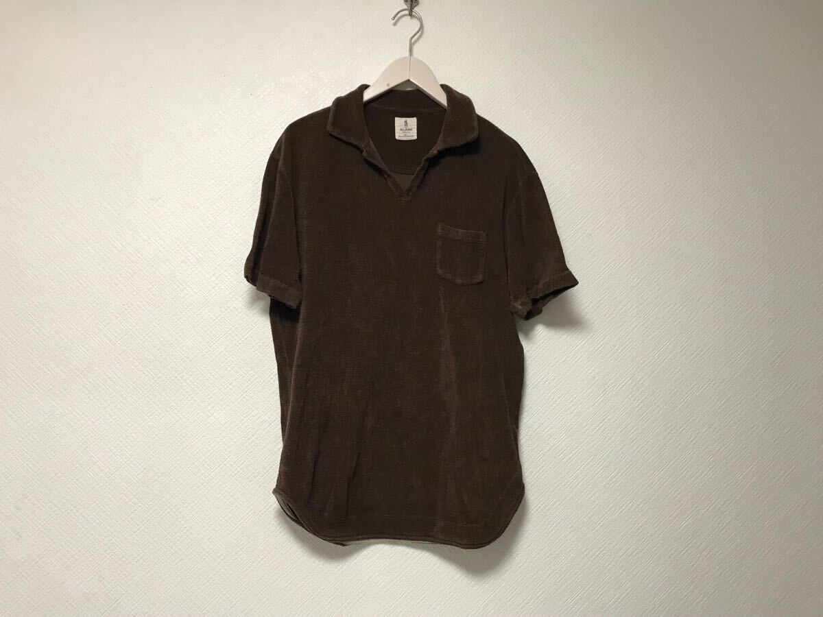 本物アランALAINユナイテッドアローズUNITEDARROWSコットンタオル生地キーネック半袖ポロシャツメンズモードL茶ブラウンイタリア製拍卖
