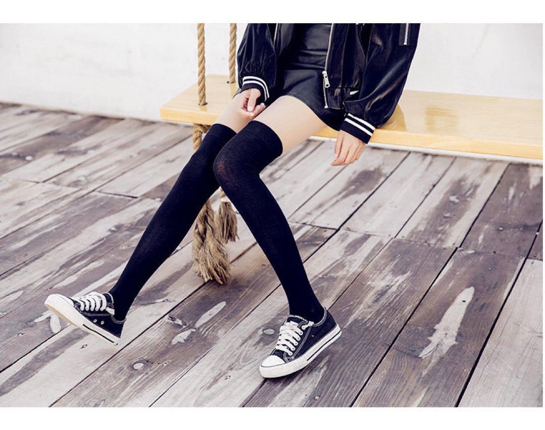 0690Lサイハイソックス カジュアル 黒 オーバーニーソックス 1足拍卖