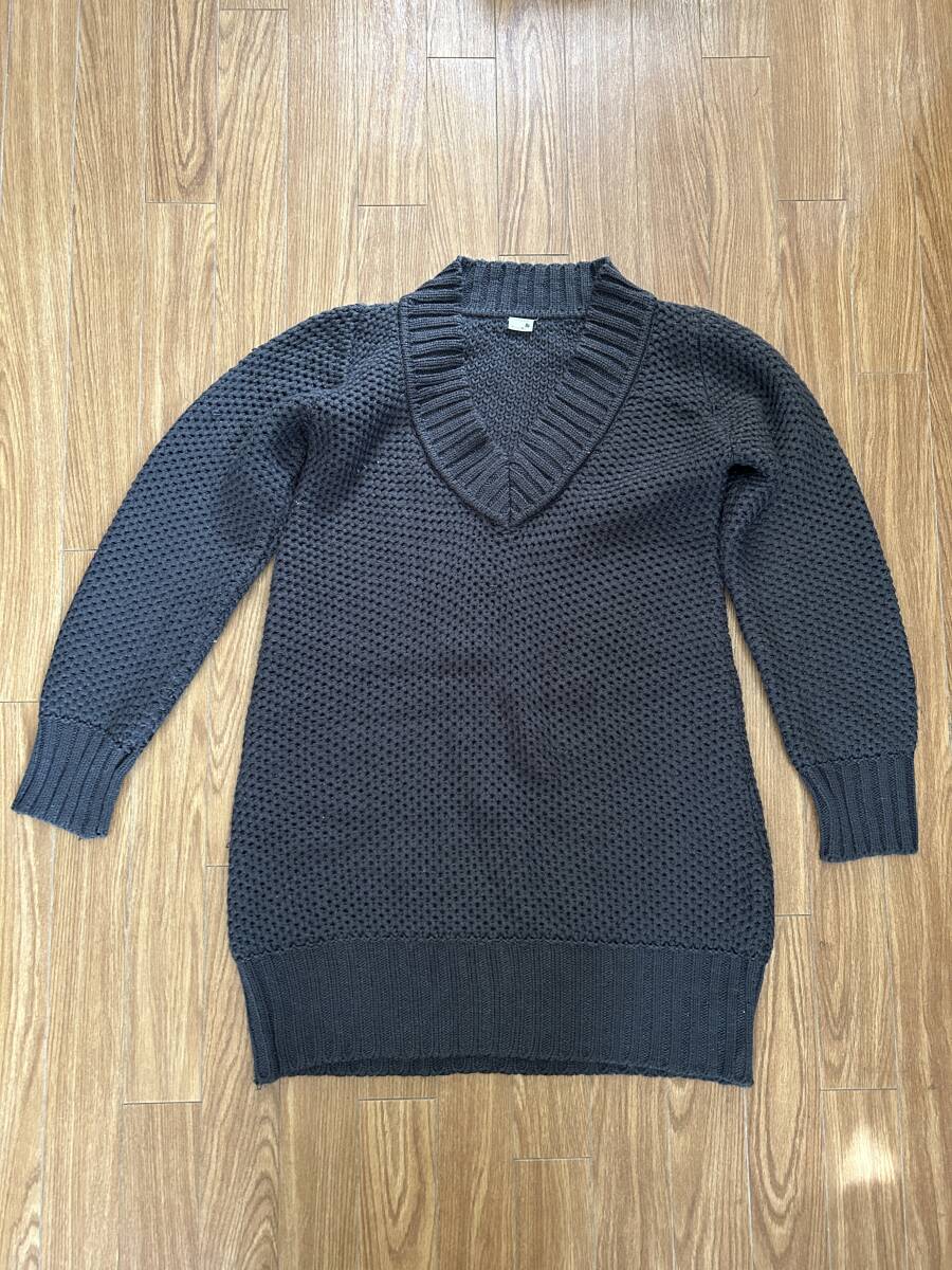 ◆Geen Pise レディース ロングニット セーター チュニック 長袖 編み込み Vネック 濃いグレー サイズM拍卖