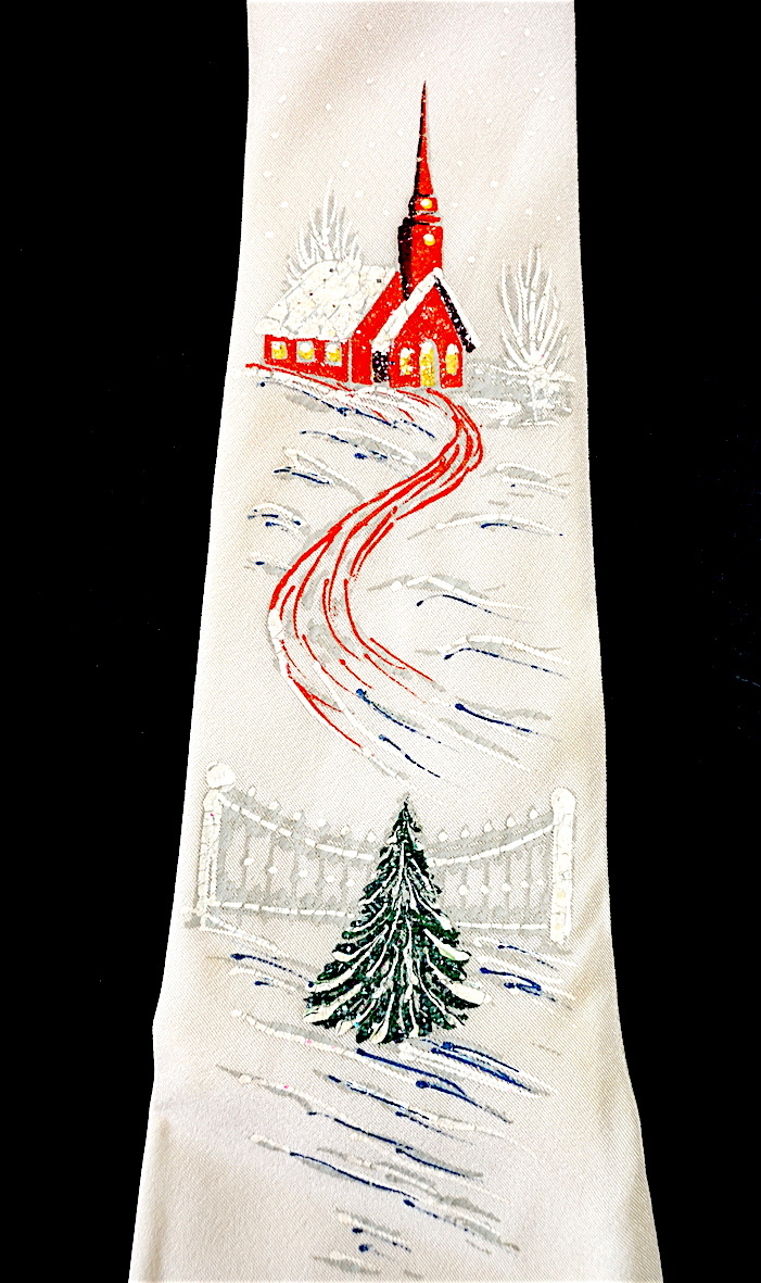 珍★レア ハンドペイント・クリスマス柄ネクタイ・ビンテージ・50s~60s・ラメ入り手書き・USA・Hand Painted Christmas Tie・即決!拍卖