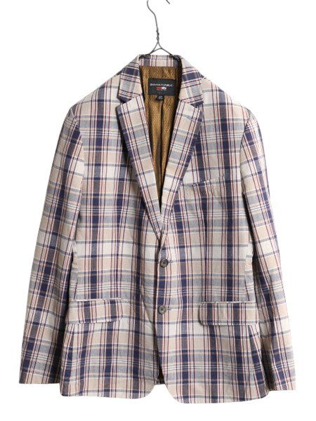 デッドストック バナナリパブリック チェック テーラード ジャケット メンズ L 程 BANANA REPUBLIC コットン サマー ブレザー マルチカラー拍卖