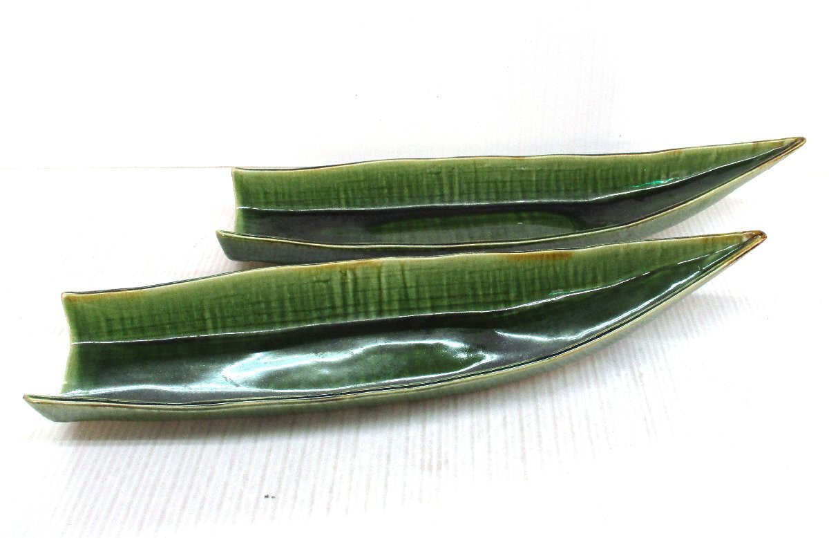 ★ 98611 大皿 笹型 盛器 尺5寸 2枚 幅45 × 奥行12.5 × 高さ7.5㎝ 中古 ★拍卖