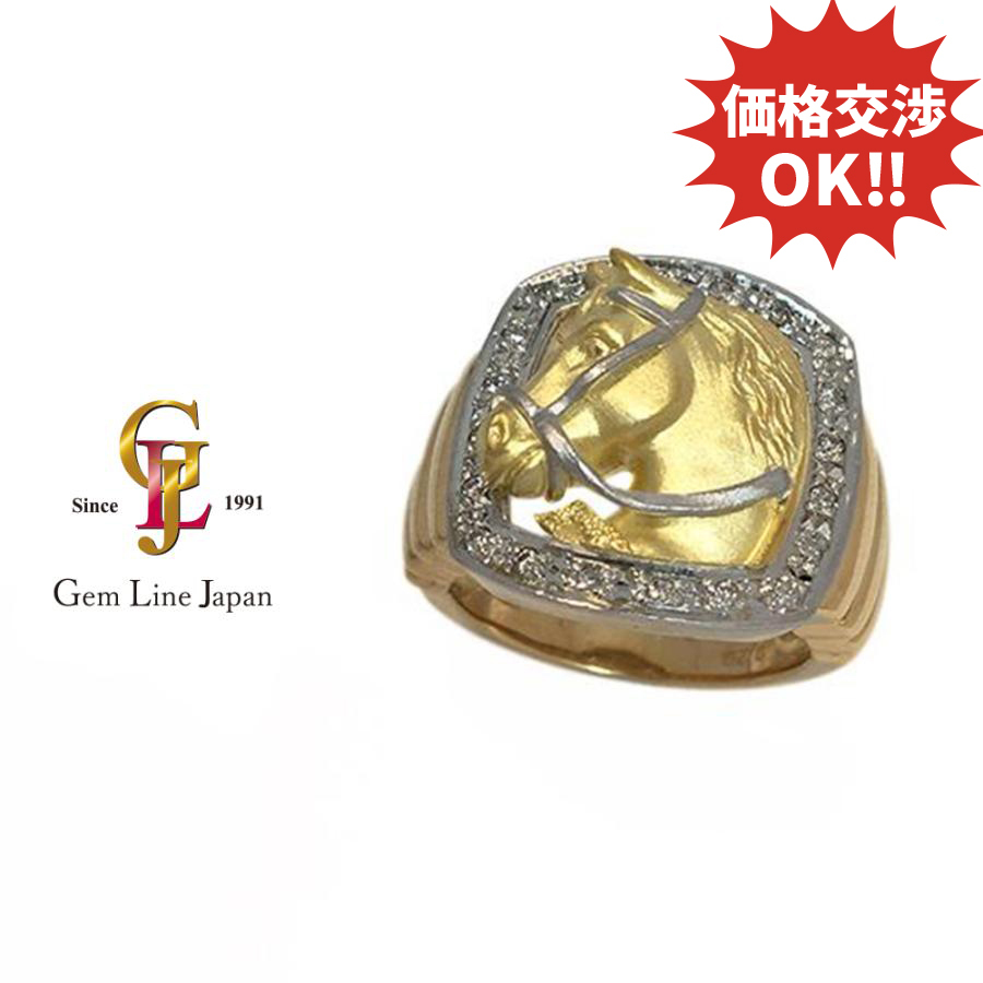 K18/Pt900 17.10g 馬 モチーフ ダイヤモンド 0.20ct コンビ メンズ リング拍卖