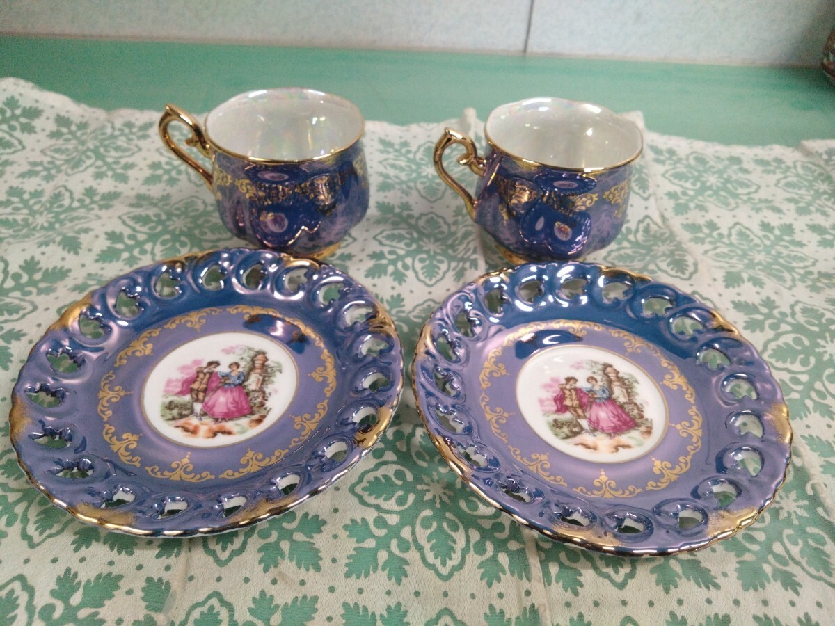 ● 1932年 昭和初期 アンティーク 大橋陶器 OHASHI CHINA golden fantasy 紳士 淑女 金彩 青色 カップ&ソーサー 2客セット 希少 美品 ①拍卖