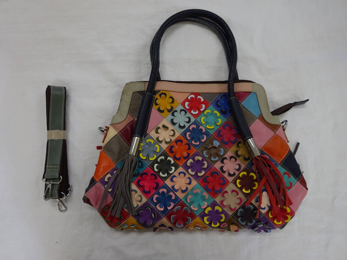 ★☆D-1833 レディース ボストンバッグ かばん 2Way 本革 カラフルフラワー 中古品☆★拍卖