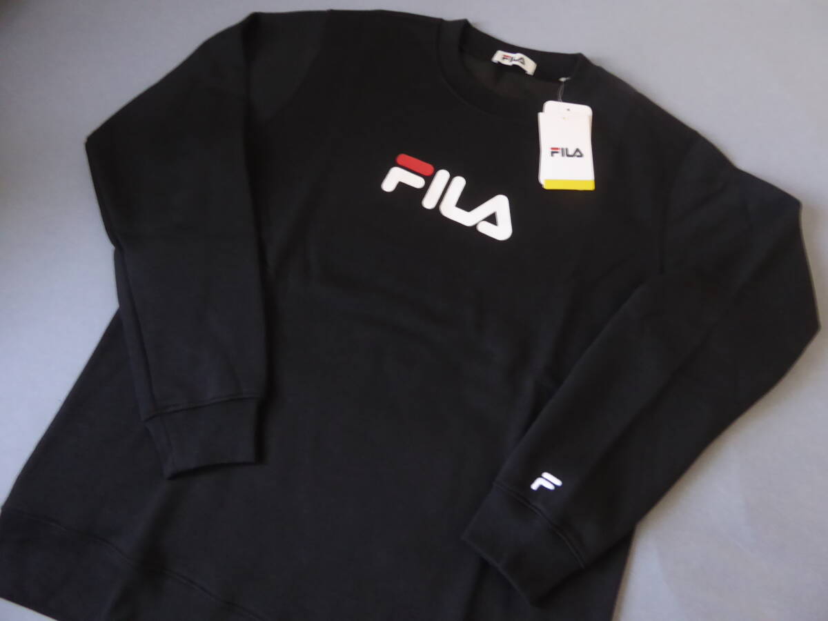 FILA GOLF フィラ ゴルフ 暖か 裏起毛 BIGロゴ クールネック スウェット トレーナー LL 黒拍卖