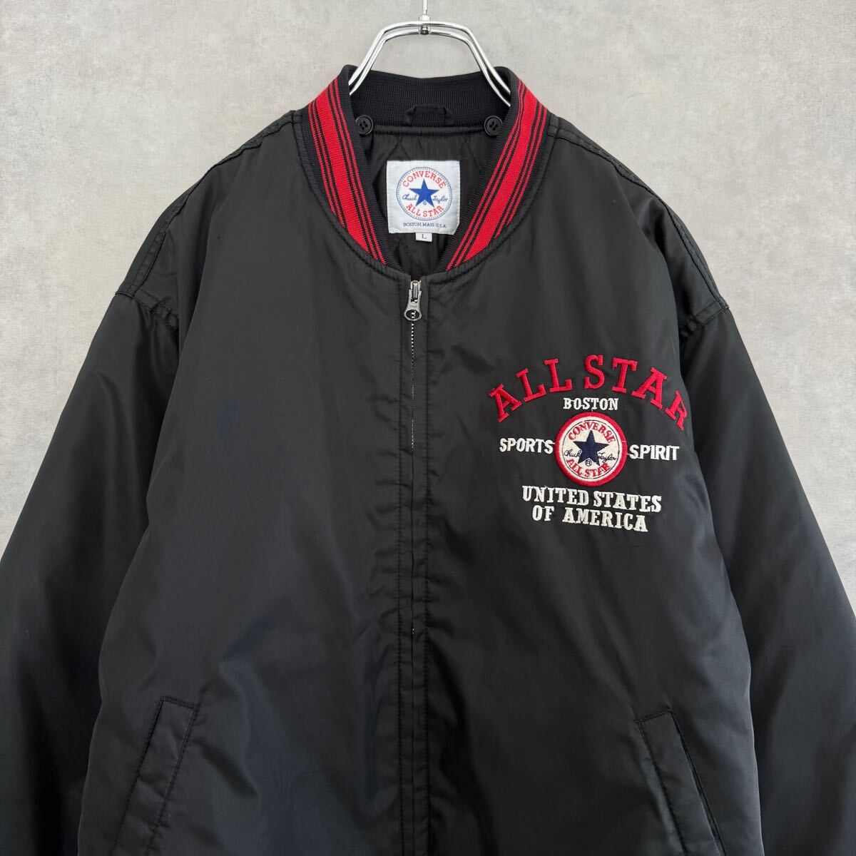 90s CONVERSE ALL STAR コンバースオールスター 中綿入り ジップアップ ジャンパー スタジャン ナイロンジャケット ブラック L拍卖