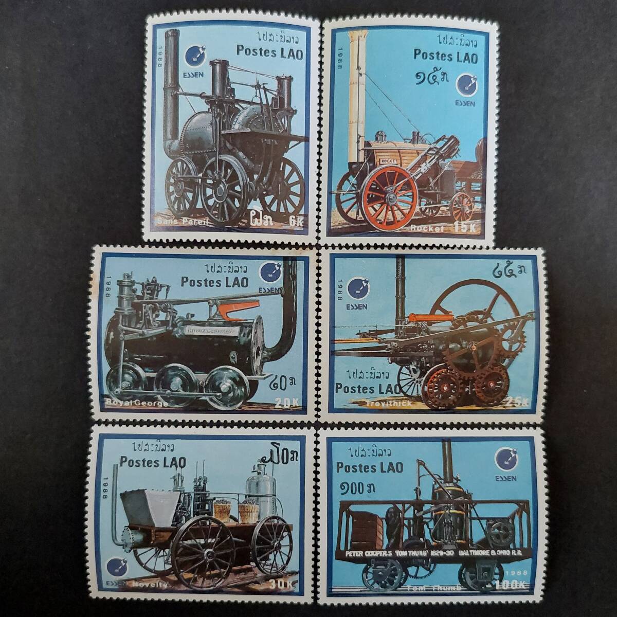 K195 ラオス切手「1988年エッセン国際切手展出品 レインヒル・トライアル(1829年)参加の『初期の蒸気機関車6種完』」1988年発行 未使用拍卖