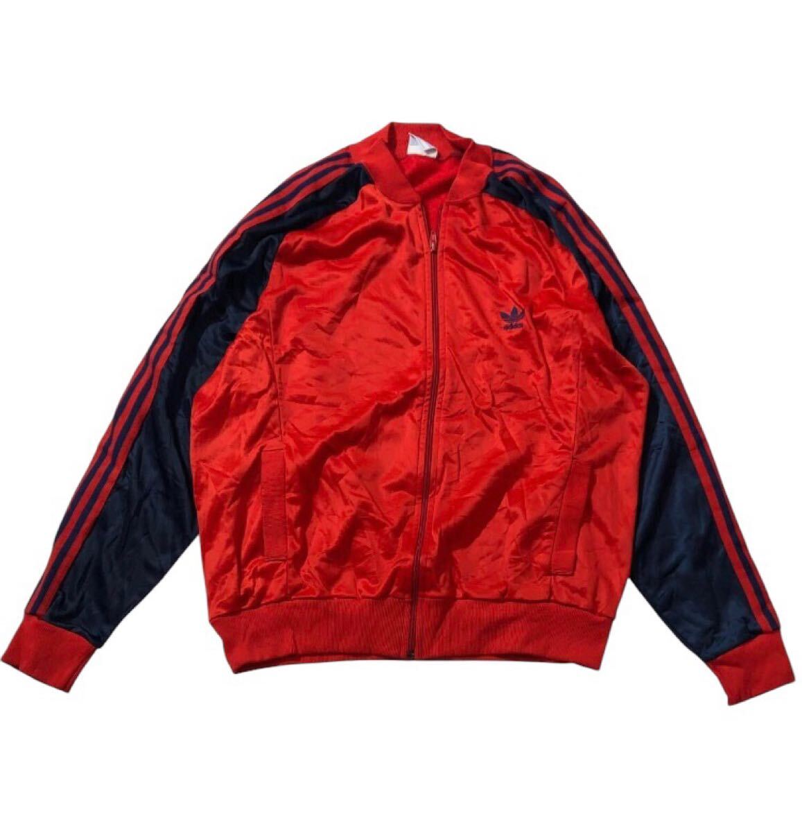 70s~80s ヴィンテージ USA製 ATPタグ ■ adidas アディダス ■ トレフォイル ロゴ 刺繍 ジャージ トラック ジャケット レッド×ネイビー XL拍卖