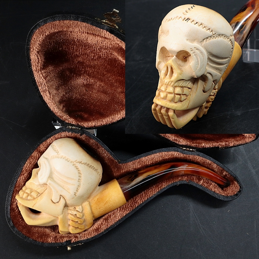 ◆◇PAYKOC メシャムパイプ スカル トルコ製 海泡石 全長15.5cm ケース付 海泡石パイプ ビンテージ 喫煙具◇◆拍卖