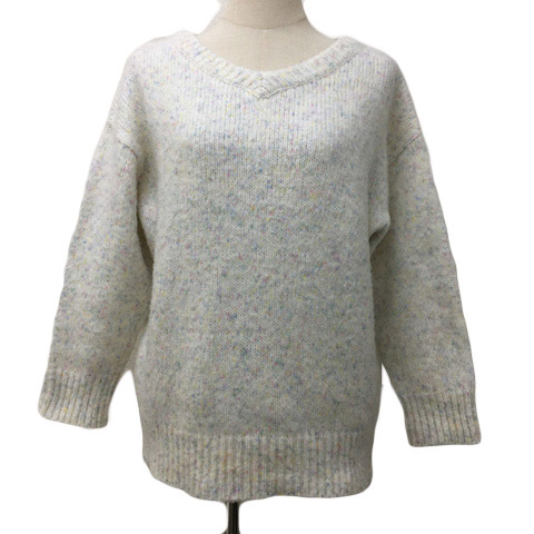 ヘザー Heather セーター ニット プルオーバー Vネック 総柄 ミックス マルチカラー 長袖 F 白 ピンク ホワイト レディース拍卖