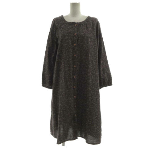 サマンサモスモス SM2 ワンピース シャツワンピ ボートネック 長袖 ミモレ丈 小花柄 リネン混 ブラウン系 茶系 マルチカラー M拍卖