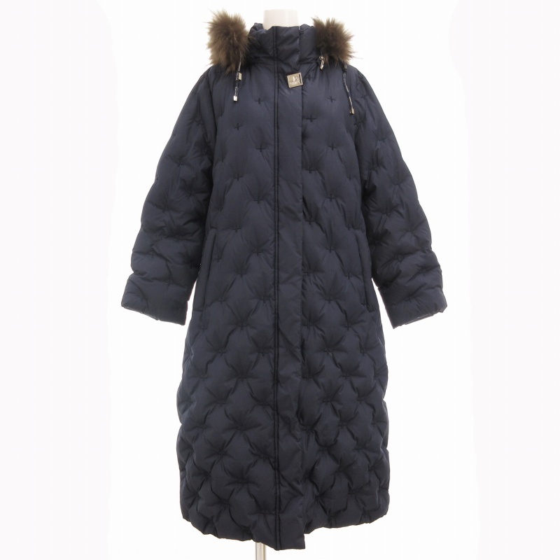 ジャンルイシェレル JEAN-LOUIS SCHERRER ダウンコート ジャケット ブルーフォックスファー切替 ロゴ金具 ロング L 紺 ネイビー拍卖