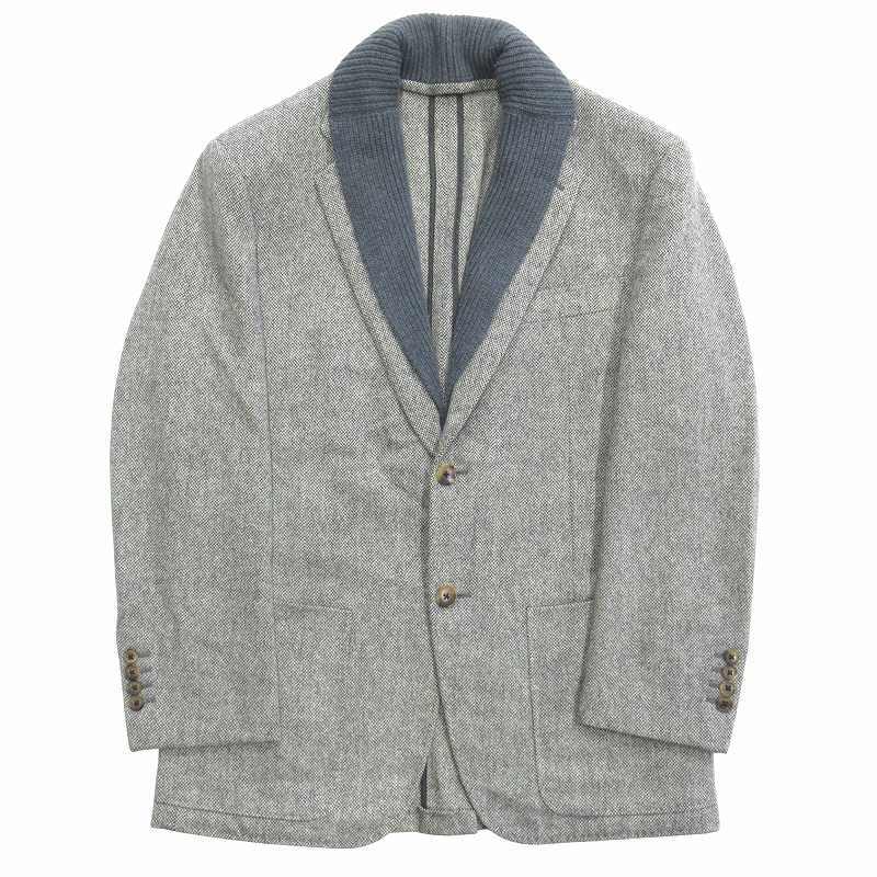 エルメス HERMES カシミヤニット ドッキング テーラード ジャケット ブレザー ウール 48 白×黒 ホワイト×ブラック グレー メンズ拍卖