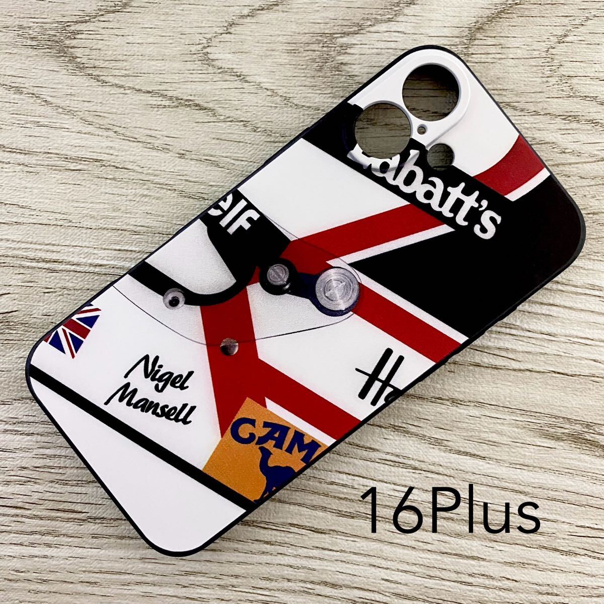 ナイジェル・マンセル ヘルメット デザイン iPhone 16 Plus ケース F1 ウィリアムズ ロータス マクラーレン フェラーリ スマホ拍卖