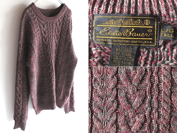 希少 80sビンテージ 黒タグ Eddie Bauer エディーバウアー メランジ コットンニット ケーブルニット セーター L バーガンディ拍卖