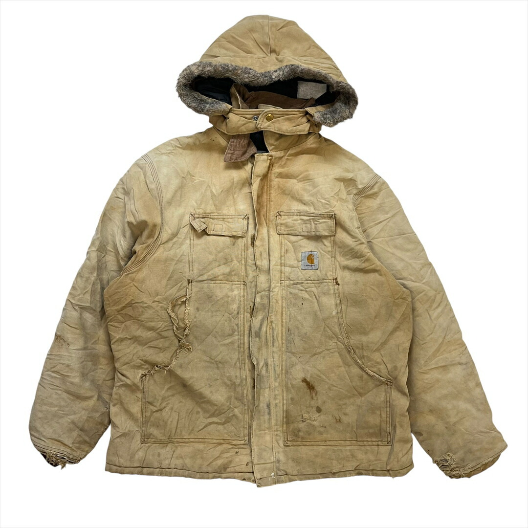 【訳アリ】 カーハート ジャケット ベージュ carhartt 古着 メンズ FREE トラディショナルジャケット ストリート アメカジ フード付き拍卖