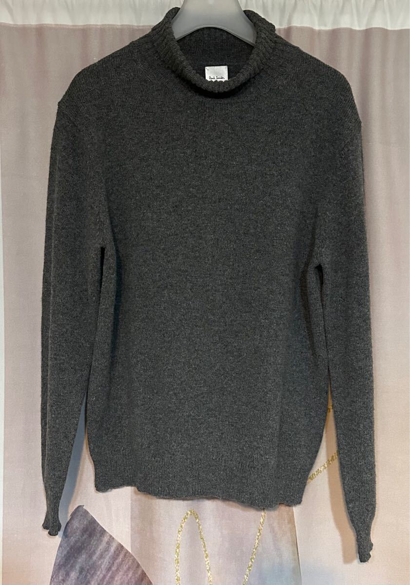 ポールスミス ハイゲージ ウール 100% リブタートルネック ニット チャコールグレー拍卖