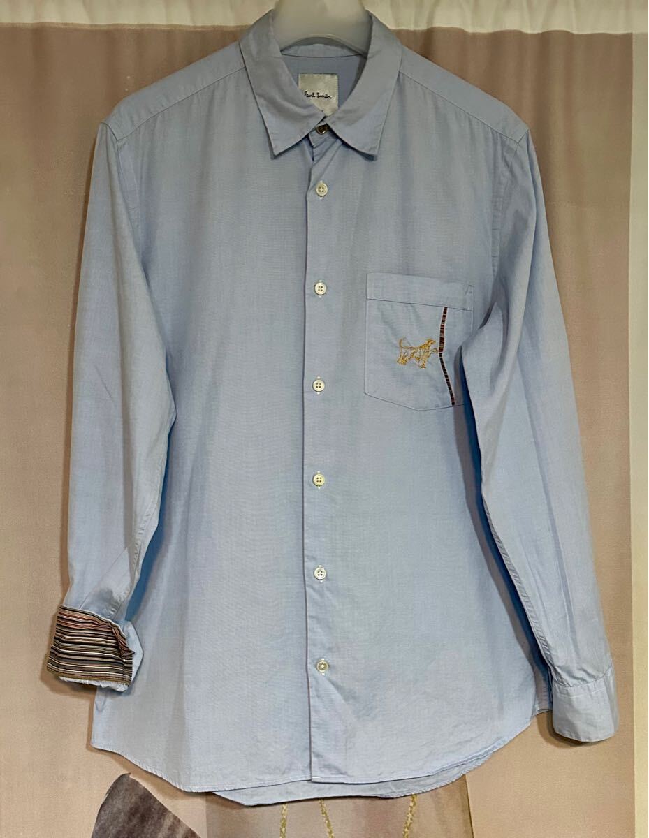 ポールスミス マルチストライプ ドッグ 刺繍 コットン ドレスシャツ ブルー拍卖