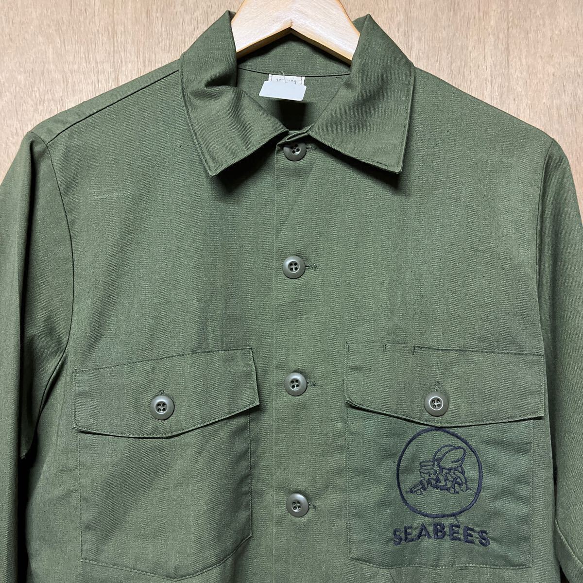 U.S NAVY SEABEES 70s 70年製 米軍実物 USMC コットン サテン ユーティリティ 長袖シャツ メンズ M 古着 ヴィンテージ ミリタリー拍卖