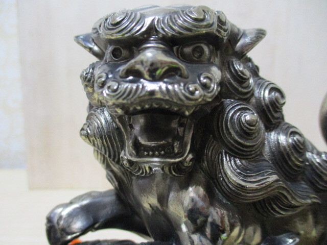 A211-185W 置物 獅子 縁起物 金属製 中古 セット高さ約12.8cm (T3-3)拍卖
