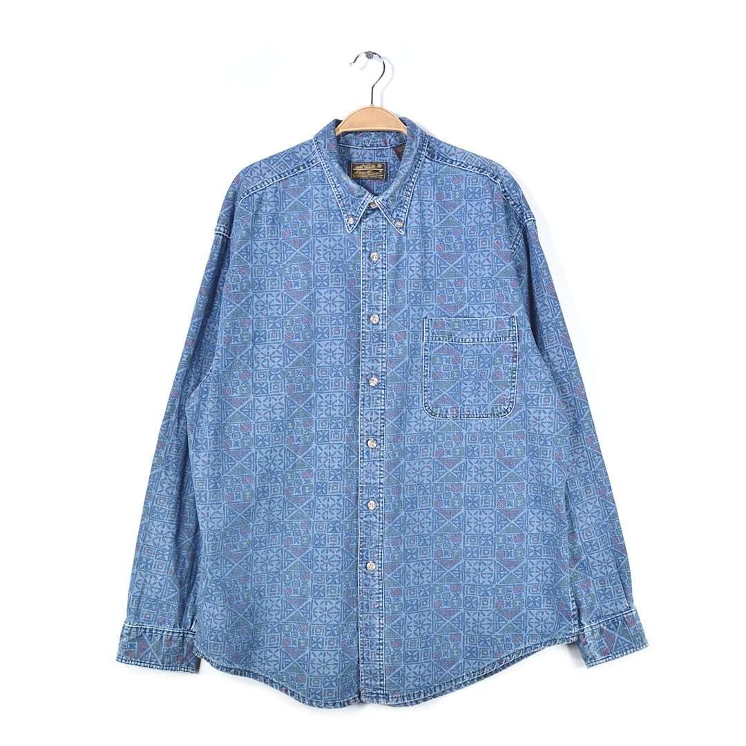 【送料無料】80s エディーバウアー USA製 総柄 黒タグ ヴィンテージ ボタンダウンシャツ ネイティブ メンズXL 古着 @CA1402拍卖