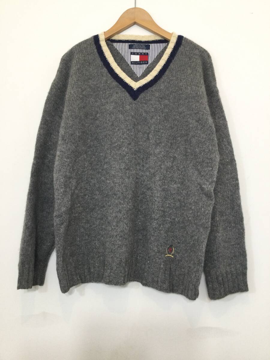 TOMMY HILFIGER トミーヒルフィガー ウールニット セーター Vネック ニット メンズML グレー良品綺麗 拍卖
