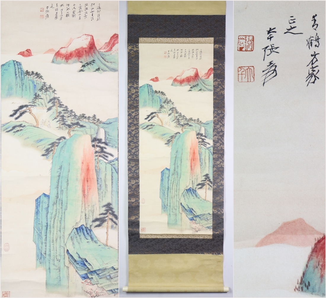 古美術 掛け軸 中国・近現代 「張大千書」 紙本 【松江訪友図】 立軸 書道 巻き物 肉筆保証 唐物 古画 画心34x133cm LT-241125拍卖