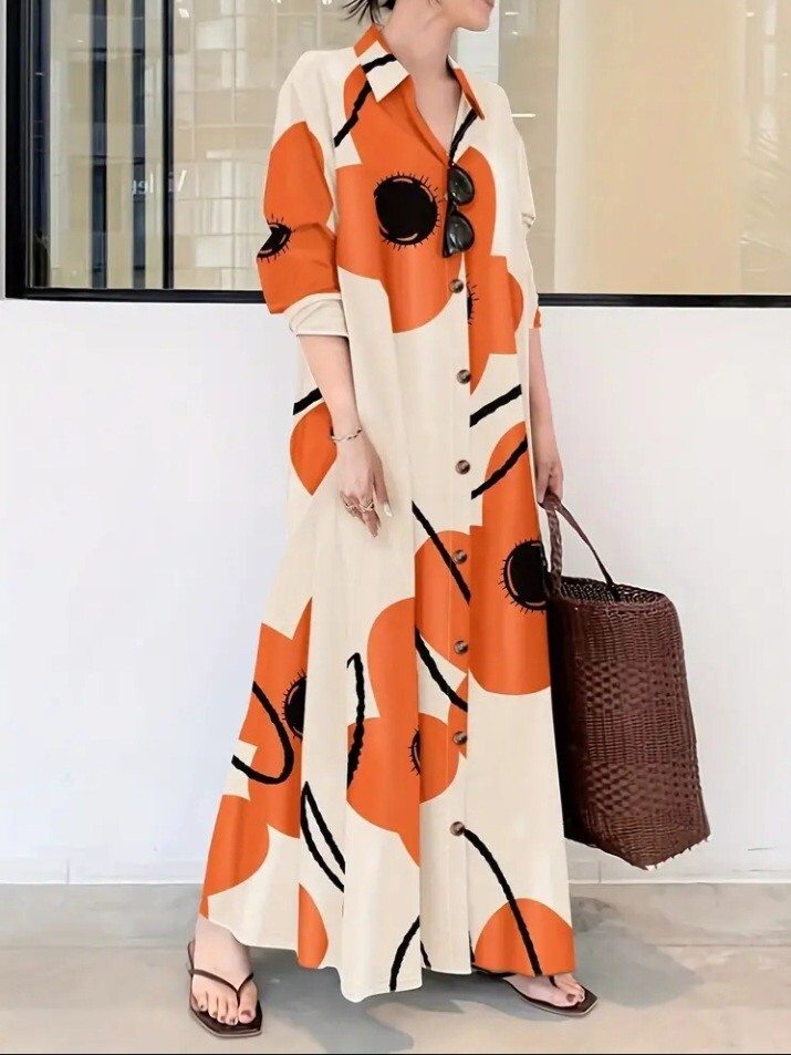 新品 大きいサイズ 5XL ワンピース ゆったり シャツワンピ オレンジ 花柄 ロング拍卖