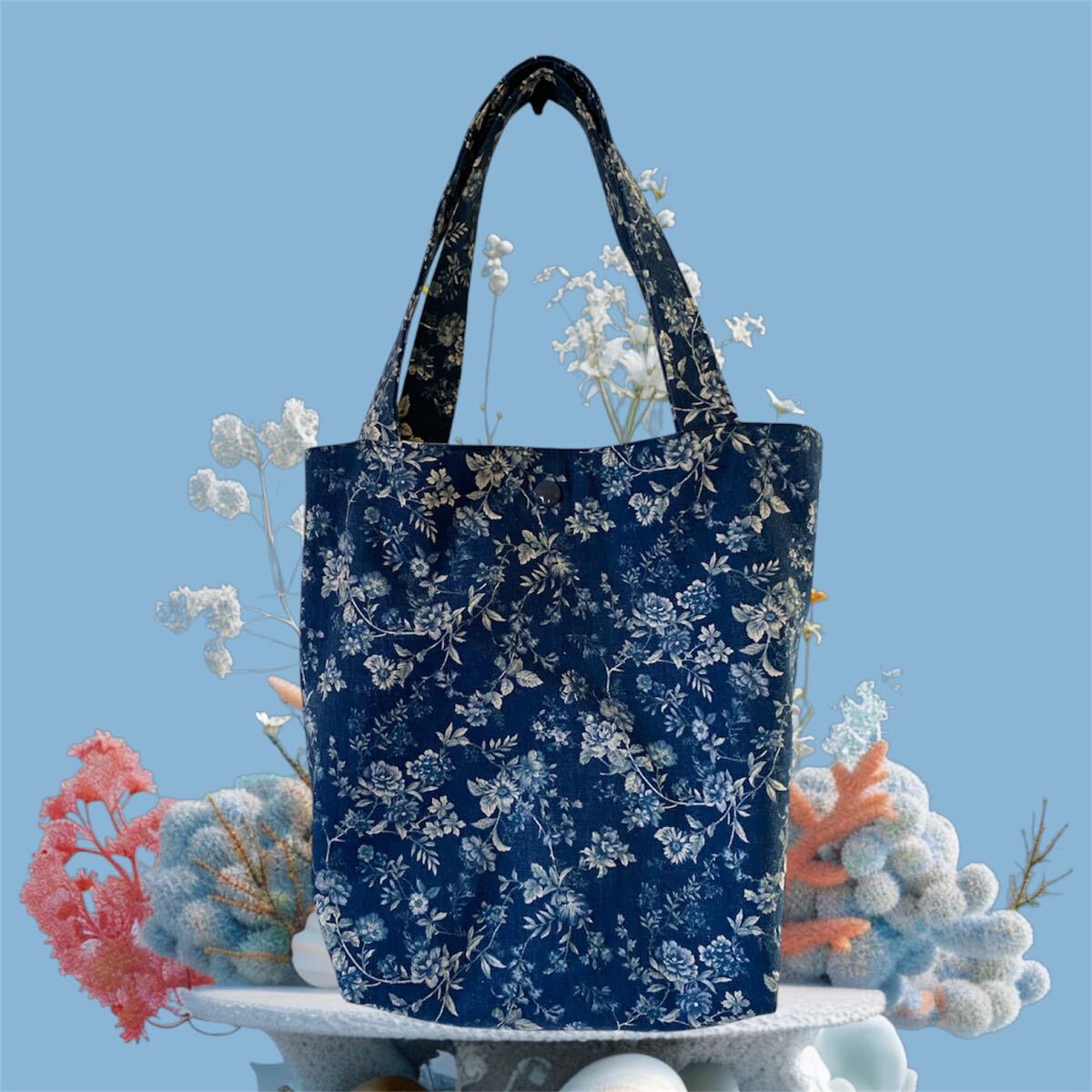 ☆ハンドメイド ☆やわらかミニトートバッグ プレゼント♪ 花 スナップボタン 内ポケット拍卖