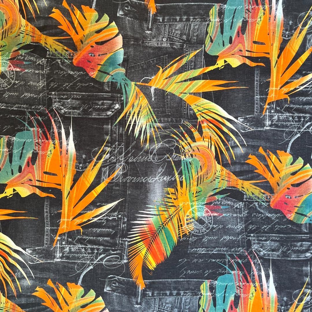 布地生地3m no2809薄手カットソーデニムと葉っぱ柄オレンジ拍卖