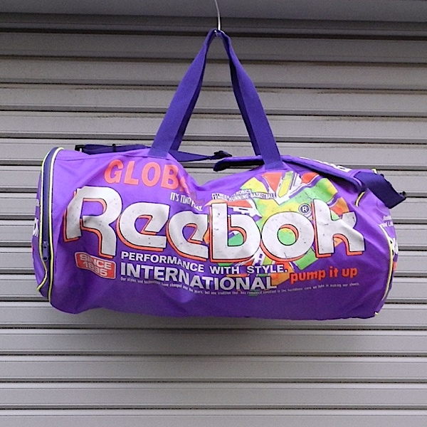 Reebok リーボック インターナショナル pump it up 80's 〜 90's ビンテージ ロング ボストンバッグ 文字 ロゴ 紫 / 蛍光緑 32cm x 72cm拍卖
