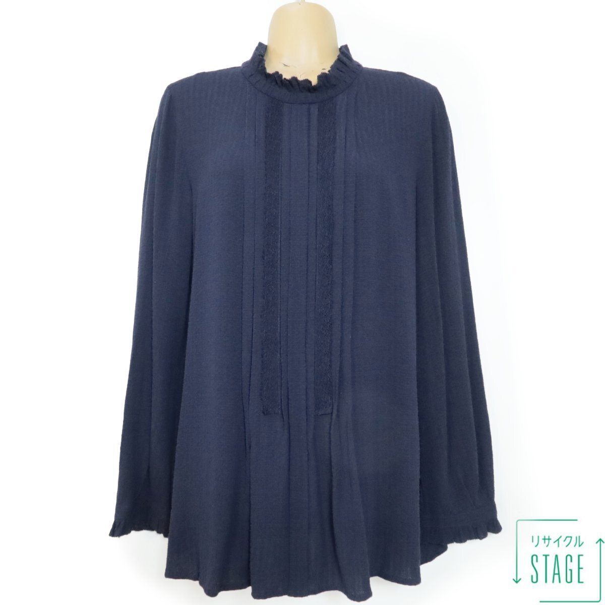 レリアン★大人上品なレース使いのカットソー 大きいサイズ13 ハイネック フリルがすてき♪薄手 春秋 紺系 z9349s拍卖