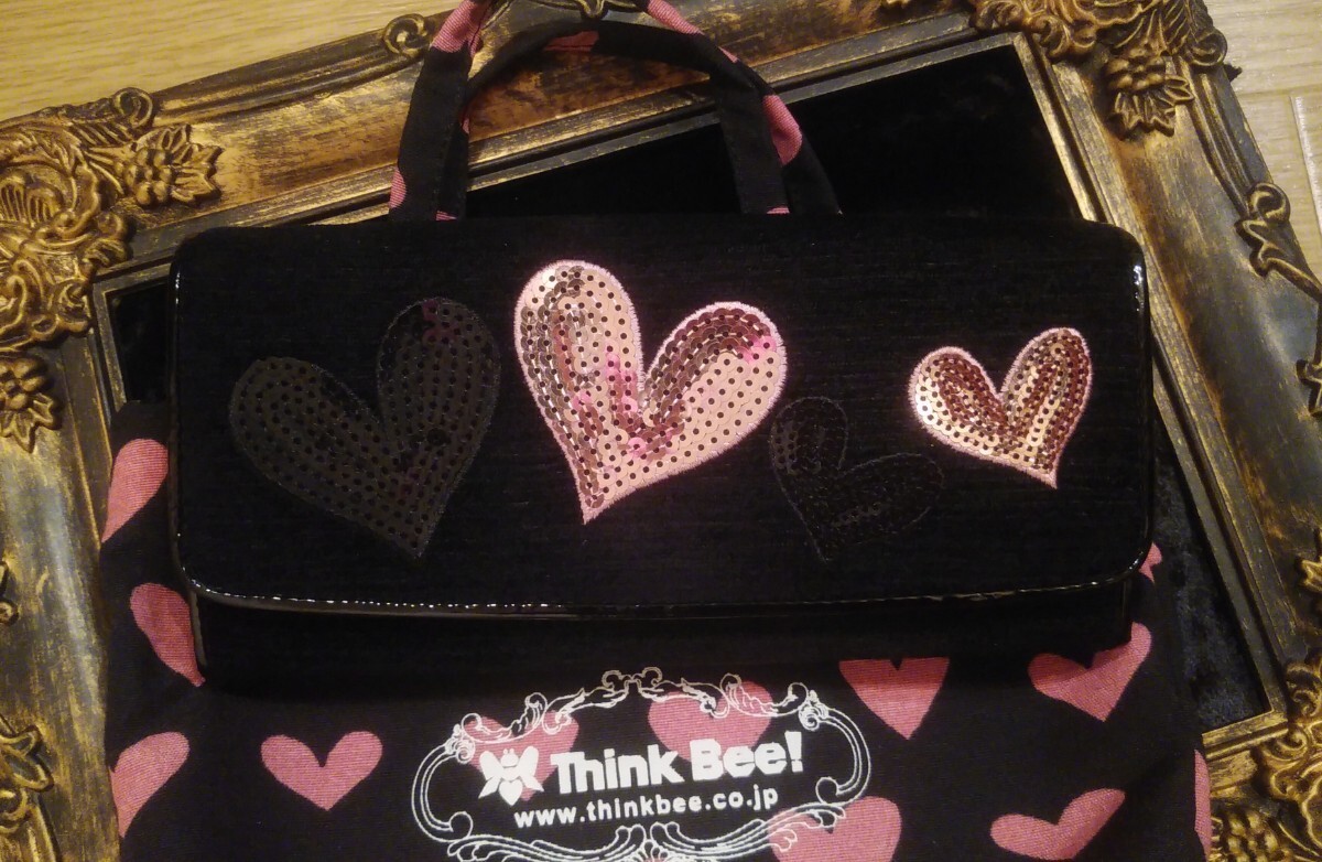 即決☆used美です☆保存袋あり☆Think Bee!シンクビー★スパンコール ハート 長財布 ロングウォレット ブラック×ピンク 拍卖