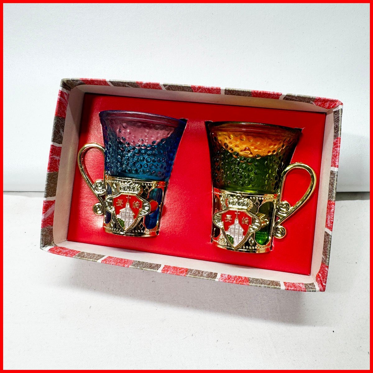 中古●長崎県 郷土土産 ショットグラス●ブルー/グリーン ステンドグラス模様 取っ手付き 昭和レトロ 約6.5cm 札幌拍卖