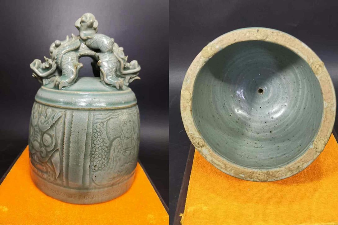 ▼渡鶴羽▼P190珍品旧蔵 朝鮮 高麗磁 朝鮮古陶磁器 古高麗 李朝時代 高麗青磁鐘拍卖