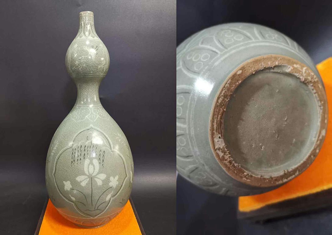 ▼渡鶴羽▼P188珍品旧蔵 朝鮮 高麗磁 朝鮮古陶磁器 古高麗 李朝時代 高麗青磁葫芦瓶拍卖