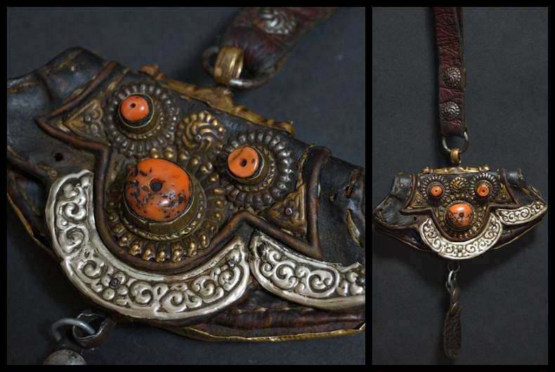 【閑】オールドチベット 革製ポーチ財布 古い天然珊瑚象嵌 銀製浮彫り唐草紋 金具装飾 アンティーク★時代物★希少品★現状品★6D1129拍卖